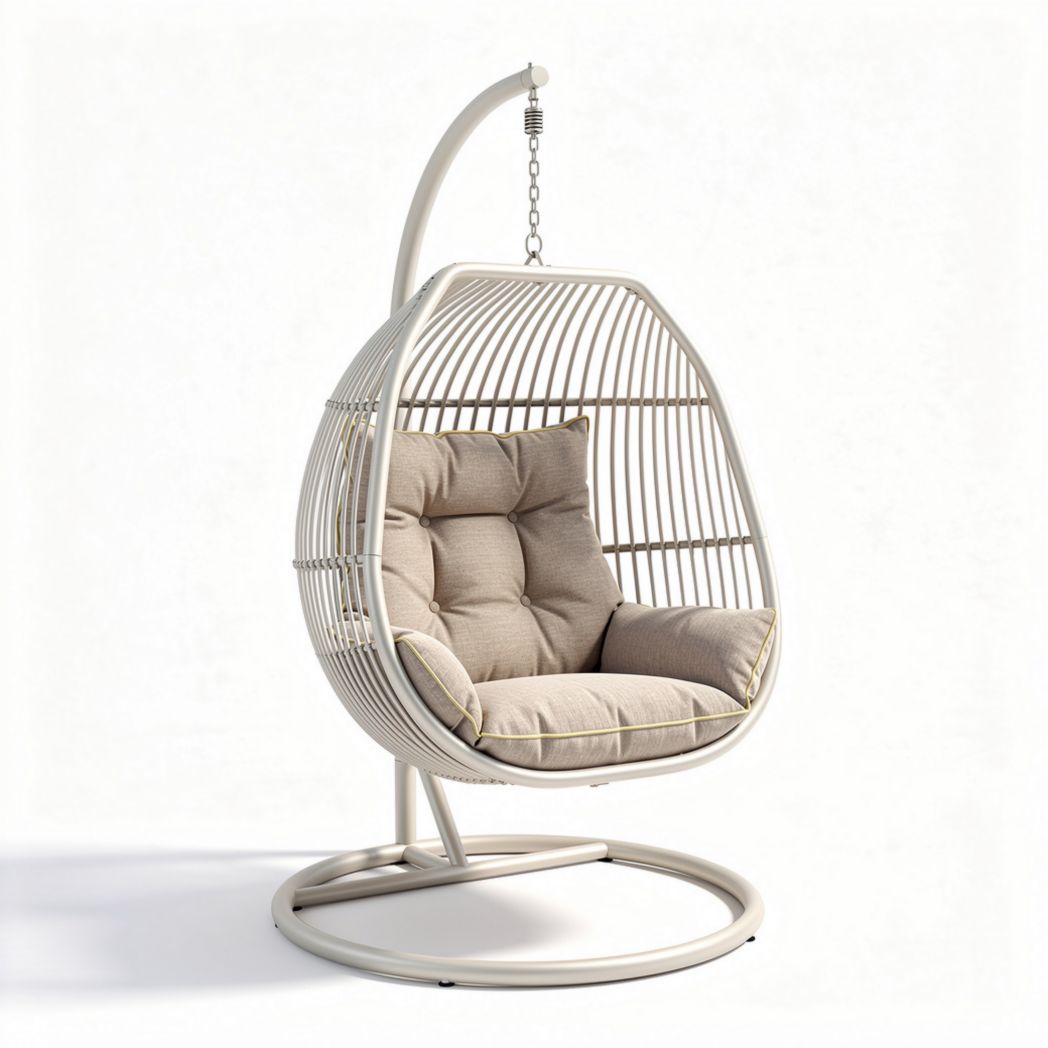 Hangstoel van staal en rotan met kussens in beige 80 x 60 x 120cm