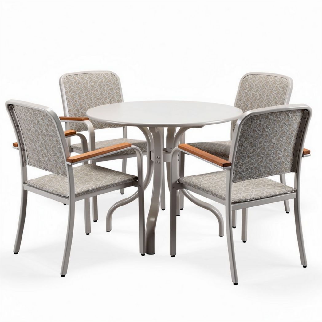 Ronde tafel van metaal met vier stoelen van textiel 90 x 90 x 75cm