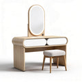 Moderne make-uptafel van hout met ronde spiegel en comfortabele kruk 120 x 40 x 150cm