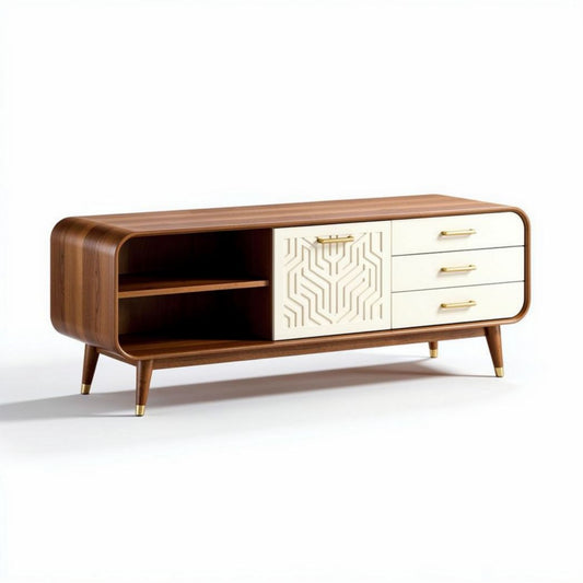 Houten tv-meubel met drie lades en een deur in beige en bruin 150 x 40 x 50cm