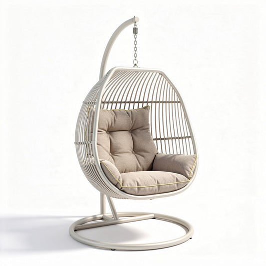 Hangstoel van staal en rotan met kussens in beige 80 x 60 x 120cm