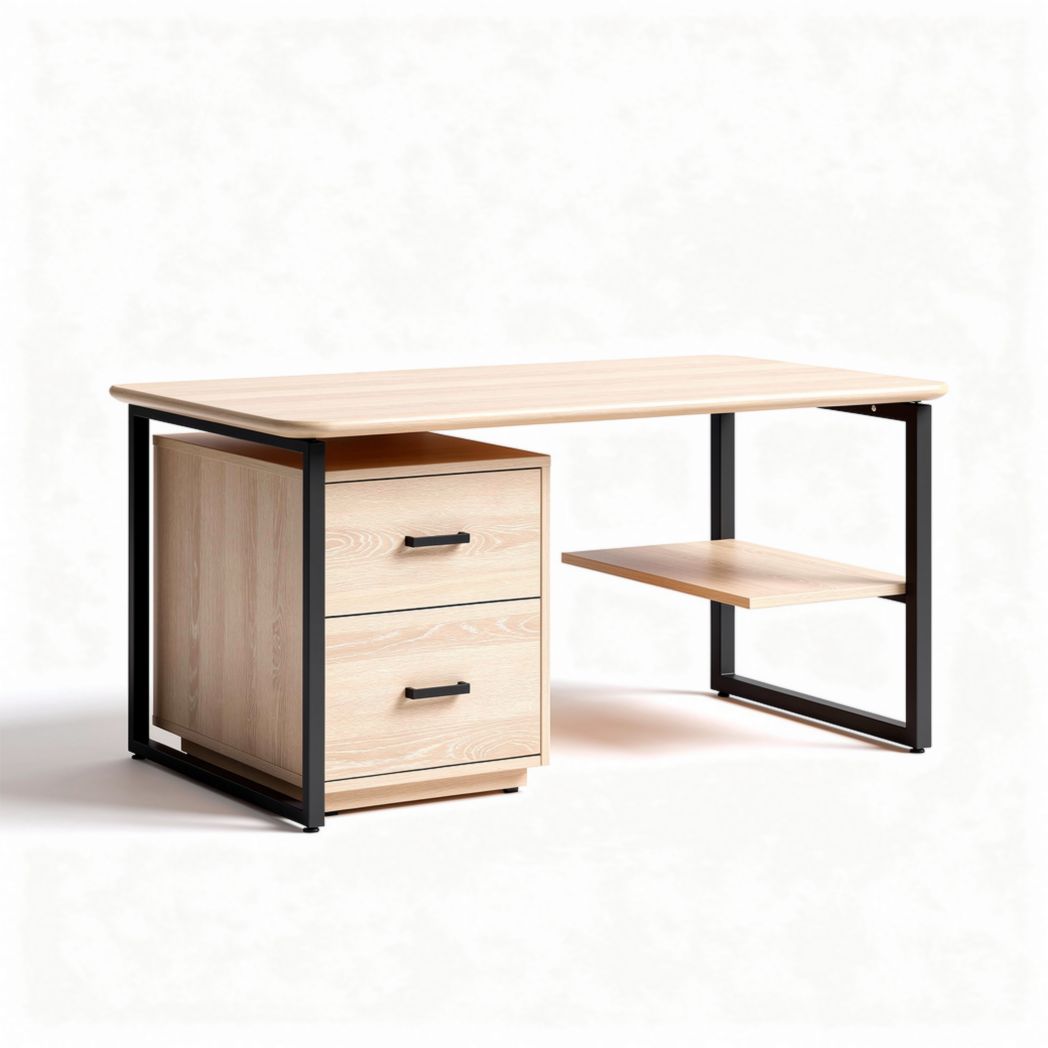 Bureau van licht hout met metalen frame en lade 120 x 60 x 75cm