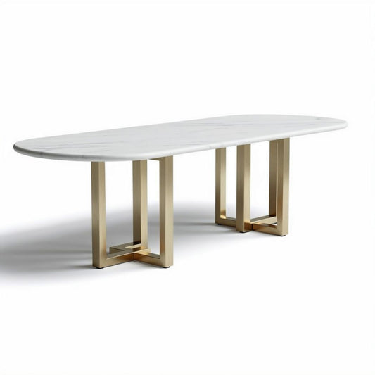 Ovalen marmeren eettafel met metalen onderstel 240 x 100 x 75 cm